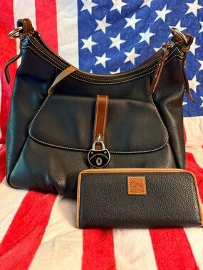 Dooney & Bourke Black Leather Shoulder Bag with Brown Trim